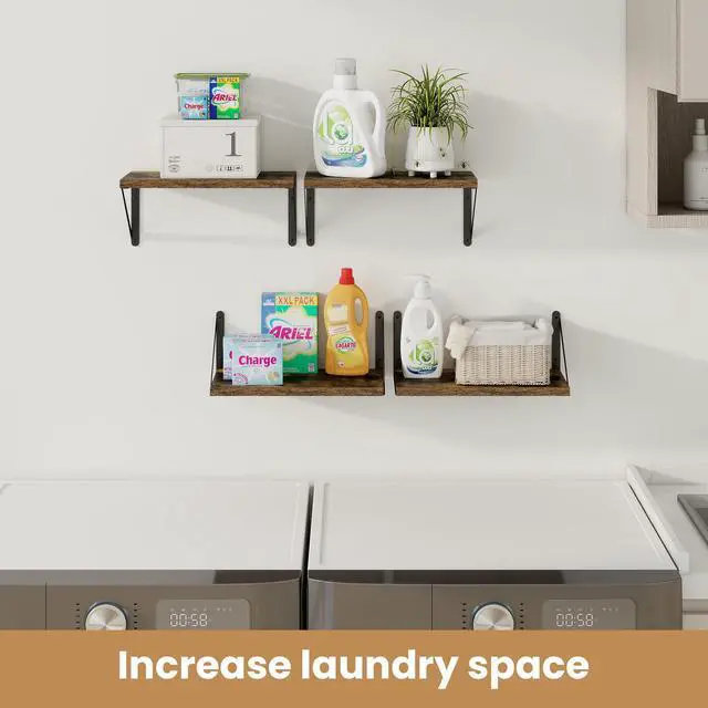 Alt view image 6 of 7 - Floating Shelves for Wall Set of 3,Light Wood Wall Mounted Bookshelf Decorative Shelf for Living Room Bathroom Bedroom Kitchen Laundry Pictures Plants Books Cats TV,Rustic Brown