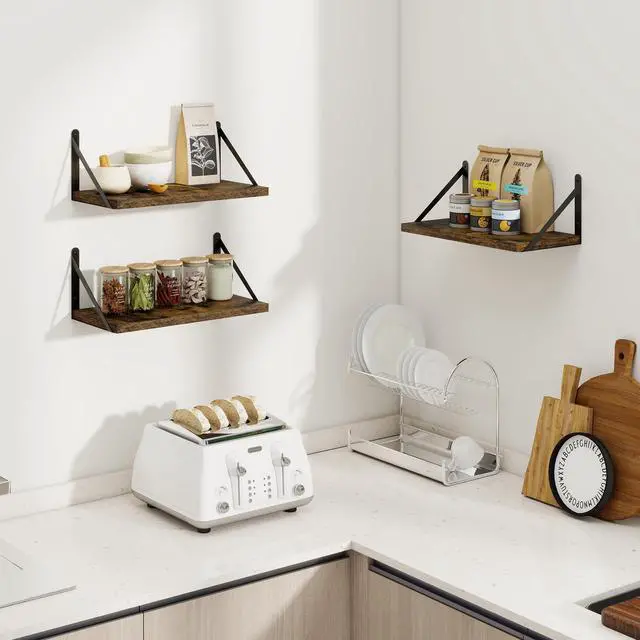 Alt view image 7 of 7 - Floating Shelves for Wall Set of 3,Light Wood Wall Mounted Bookshelf Decorative Shelf for Living Room Bathroom Bedroom Kitchen Laundry Pictures Plants Books Cats TV,Rustic Brown