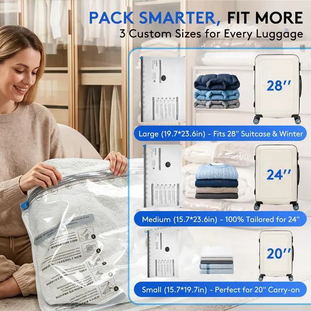 Alt view image 6 of 7 - 6 Packs Vacuum Bags for Travel with Rechargeable Pump, 3 Sizes Vacuum Seal Bags for Clothing, Compression Vacuum Travel Bags for Luggage, Vacuum Packing Bags for Closet Organization