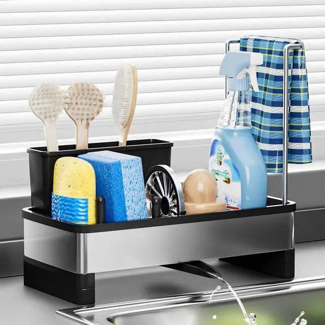 Main image of Stainless Steel Sink Caddy, Sponge Holder for Kitchen Sink with Brush Holder and Towel Rack, Sink Organizer for Countertop, Soap Dispenser Kitchen Organizers Storage Essentials (A-Black)