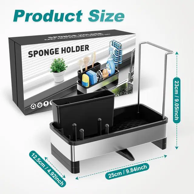 Alt view image 2 of 7 - Stainless Steel Sink Caddy, Sponge Holder for Kitchen Sink with Brush Holder and Towel Rack, Sink Organizer for Countertop, Soap Dispenser Kitchen Organizers Storage Essentials (A-Black)