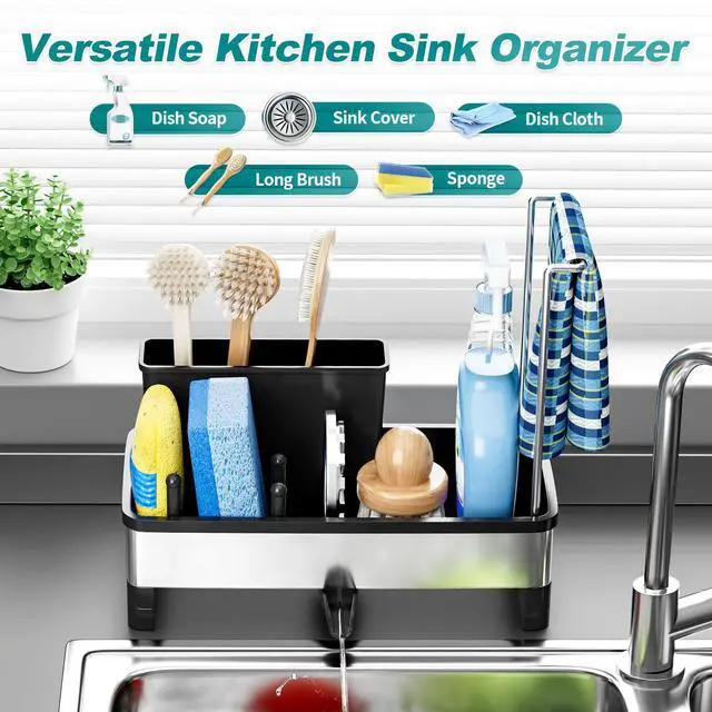 Alt view image 3 of 7 - Stainless Steel Sink Caddy, Sponge Holder for Kitchen Sink with Brush Holder and Towel Rack, Sink Organizer for Countertop, Soap Dispenser Kitchen Organizers Storage Essentials (A-Black)