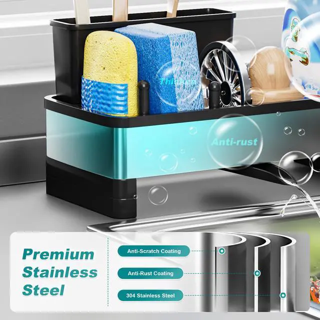 Alt view image 4 of 7 - Stainless Steel Sink Caddy, Sponge Holder for Kitchen Sink with Brush Holder and Towel Rack, Sink Organizer for Countertop, Soap Dispenser Kitchen Organizers Storage Essentials (A-Black)