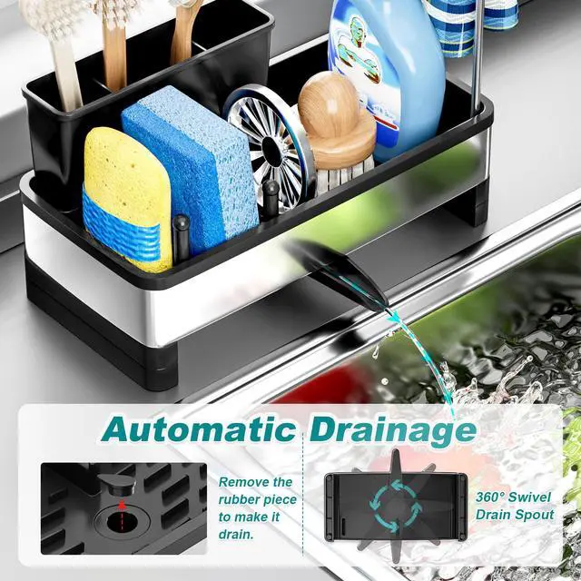 Alt view image 5 of 7 - Stainless Steel Sink Caddy, Sponge Holder for Kitchen Sink with Brush Holder and Towel Rack, Sink Organizer for Countertop, Soap Dispenser Kitchen Organizers Storage Essentials (A-Black)