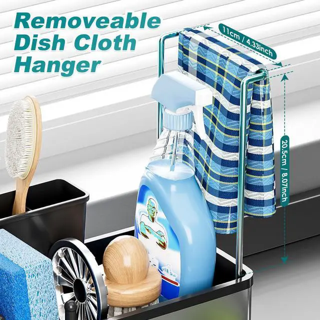 Alt view image 7 of 7 - Stainless Steel Sink Caddy, Sponge Holder for Kitchen Sink with Brush Holder and Towel Rack, Sink Organizer for Countertop, Soap Dispenser Kitchen Organizers Storage Essentials (A-Black)