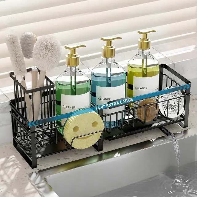 Main image of Extra Large Extendable Sponge Holder for Kitchen Sink, Rustproof Sink Caddy Organizer with High Brush Holder, Dish Soap Dispenser Organizers and Storage (Black)