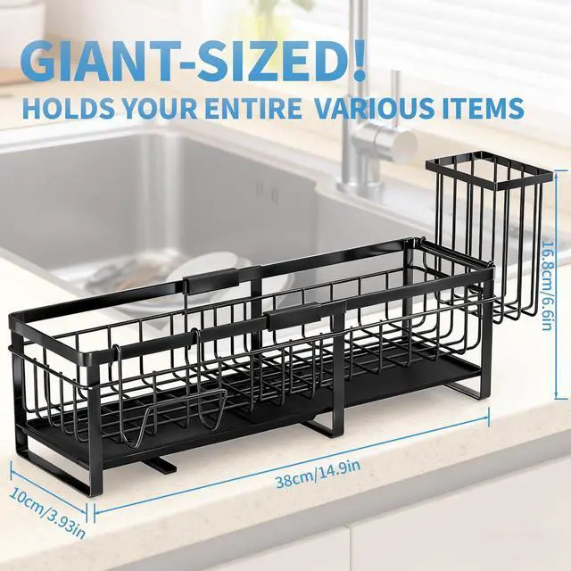 Alt view image 3 of 6 - Extra Large Extendable Sponge Holder for Kitchen Sink, Rustproof Sink Caddy Organizer with High Brush Holder, Dish Soap Dispenser Organizers and Storage (Black)