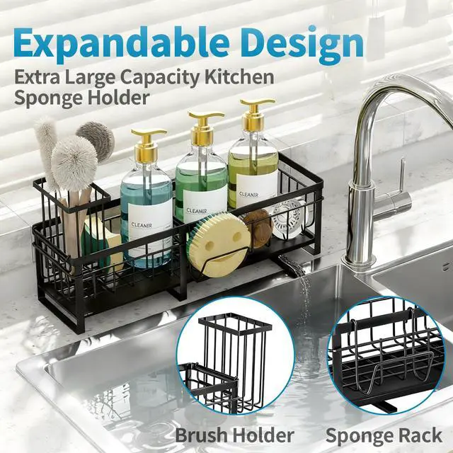 Alt view image 4 of 6 - Extra Large Extendable Sponge Holder for Kitchen Sink, Rustproof Sink Caddy Organizer with High Brush Holder, Dish Soap Dispenser Organizers and Storage (Black)