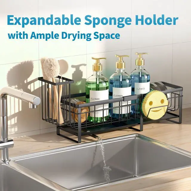 Alt view image 5 of 6 - Extra Large Extendable Sponge Holder for Kitchen Sink, Rustproof Sink Caddy Organizer with High Brush Holder, Dish Soap Dispenser Organizers and Storage (Black)