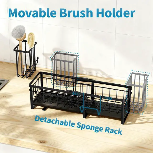 Alt view image 6 of 6 - Extra Large Extendable Sponge Holder for Kitchen Sink, Rustproof Sink Caddy Organizer with High Brush Holder, Dish Soap Dispenser Organizers and Storage (Black)