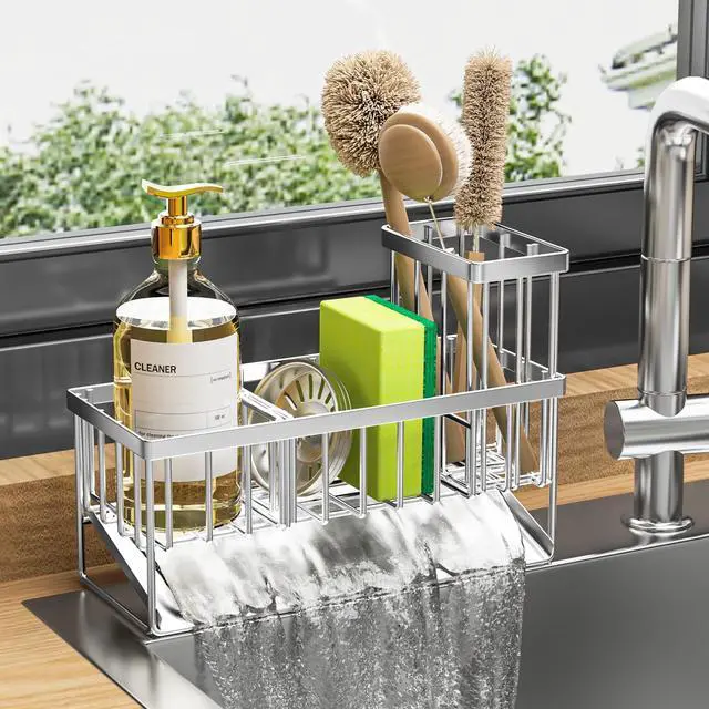Main image of Sink Caddy Sponge Holder for Kitchen, 304 Stainless Steel Rustproof, Kitchen Sink Caddy with High Brush Holder, Dish Sponge Organizer with Divider(Silver)