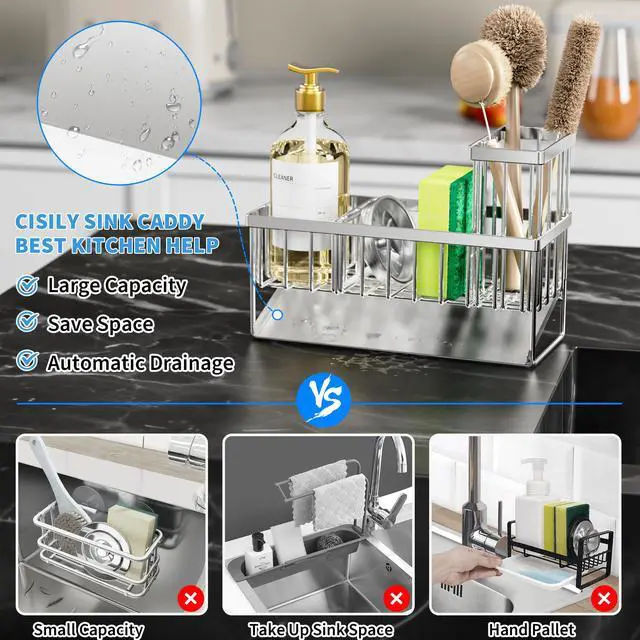 Alt view image 2 of 5 - Sink Caddy Sponge Holder for Kitchen, 304 Stainless Steel Rustproof, Kitchen Sink Caddy with High Brush Holder, Dish Sponge Organizer with Divider(Silver)