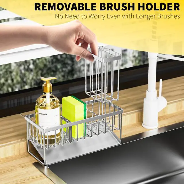 Alt view image 3 of 5 - Sink Caddy Sponge Holder for Kitchen, 304 Stainless Steel Rustproof, Kitchen Sink Caddy with High Brush Holder, Dish Sponge Organizer with Divider(Silver)