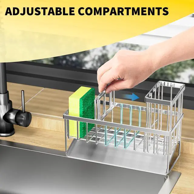 Alt view image 4 of 5 - Sink Caddy Sponge Holder for Kitchen, 304 Stainless Steel Rustproof, Kitchen Sink Caddy with High Brush Holder, Dish Sponge Organizer with Divider(Silver)