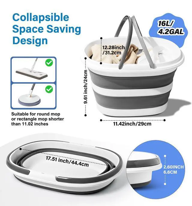 Alt view image 7 of 7 - 16L Collapsible Mop Bucket with Handles - Space Saving Foldable Silicone Tub for Cleaning, Laundry, Storage - Portable Wash Basin for Home & Car - 4.2 Gallon Compact Utility Bucket