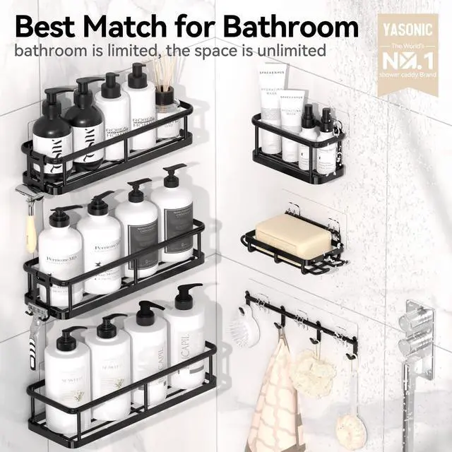 Alt view image 7 of 7 - Shower Caddy Adhesive, Rustproof Shower Organizer with Soap Holder, Large Capacity Shower Shelves for Inside Shower, No Drilling Bathroom Organizers and Storage for Home Decor 6 Pack Black