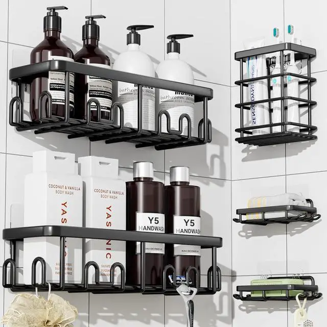 Main image of Shower Caddy Adhesive, 100% Rustproof Shower Organizer with Soap and Toothbrush Holder, Large Capacity Shower Shelves for Inside Shower, No Drill Shower Storage for Home (5 Pack Black)