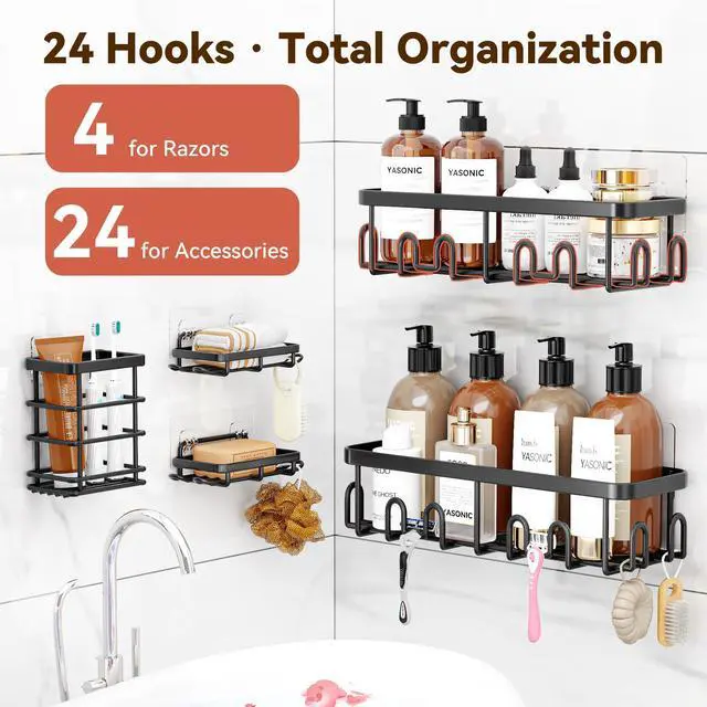 Alt view image 2 of 7 - Shower Caddy Adhesive, 100% Rustproof Shower Organizer with Soap and Toothbrush Holder, Large Capacity Shower Shelves for Inside Shower, No Drill Shower Storage for Home (5 Pack Black)