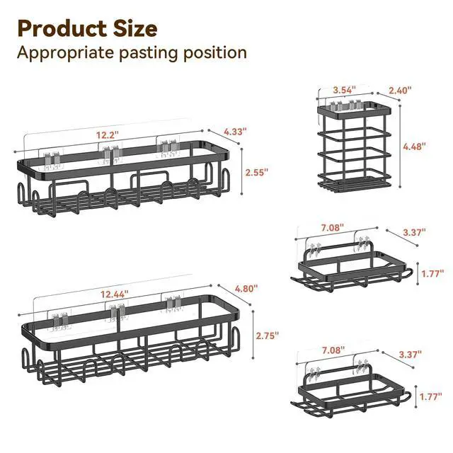 Alt view image 7 of 7 - Shower Caddy Adhesive, 100% Rustproof Shower Organizer with Soap and Toothbrush Holder, Large Capacity Shower Shelves for Inside Shower, No Drill Shower Storage for Home (5 Pack Black)