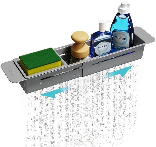 Main image of Extendable Over Sink Kitchen Organizer, Small Telescopic Brush Storage Rack for Sponge, Non-Slip Pads Expandable Sink Caddy, Adjustable Sponge/Brush Rack with Drainage Durable ABS (Dark Gray)