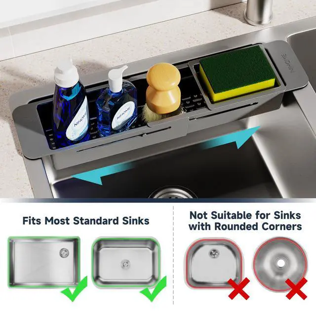 Alt view image 4 of 7 - Extendable Over Sink Kitchen Organizer, Small Telescopic Brush Storage Rack for Sponge, Non-Slip Pads Expandable Sink Caddy, Adjustable Sponge/Brush Rack with Drainage Durable ABS (Dark Gray)