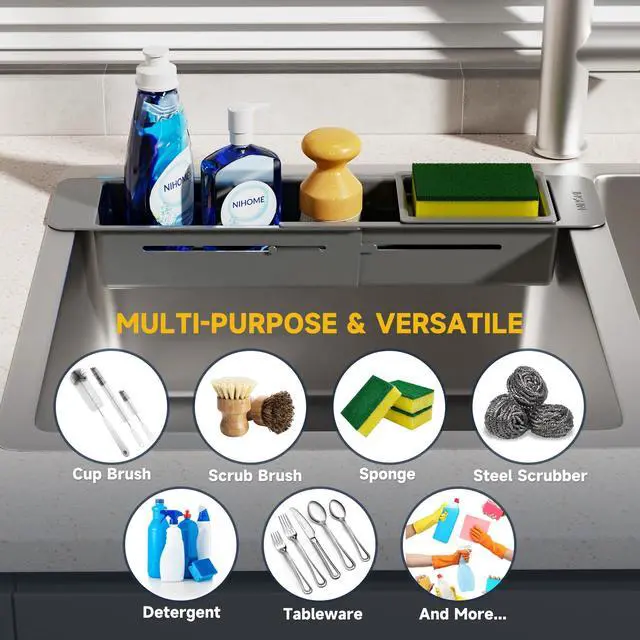 Alt view image 7 of 7 - Extendable Over Sink Kitchen Organizer, Small Telescopic Brush Storage Rack for Sponge, Non-Slip Pads Expandable Sink Caddy, Adjustable Sponge/Brush Rack with Drainage Durable ABS (Dark Gray)