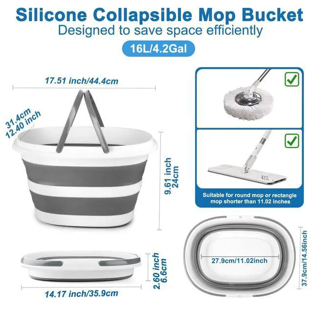 Alt view image 2 of 6 - Collapsible Mop Bucket with Handle for Cleaning, 16L(4.2 Gallon) Silicone Square Mopping Bucket for Windows Cleaning or Car Washing, Cleaning Supplies Organizer Plastic Bucket for Storage