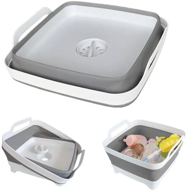 Main image of Collapsible Wash Basin with Drain Plug - 2.4 Gallon Foldable Kitchen Sink for Baby Bottles, RV Camping, Space-Saving Dish Tub (Gray)