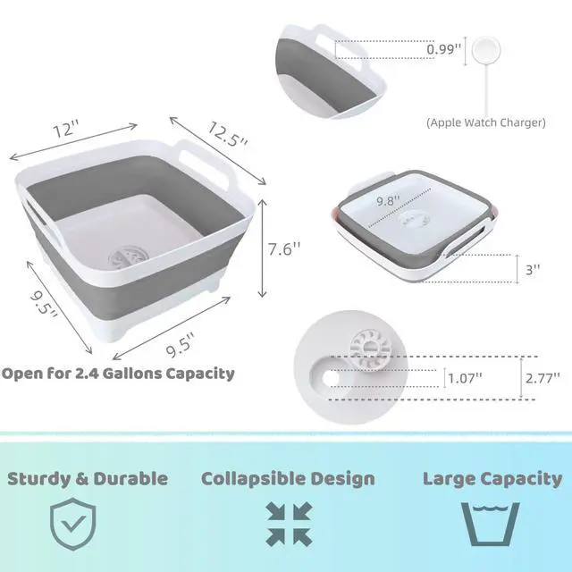 Alt view image 2 of 7 - Collapsible Wash Basin with Drain Plug - 2.4 Gallon Foldable Kitchen Sink for Baby Bottles, RV Camping, Space-Saving Dish Tub (Gray)