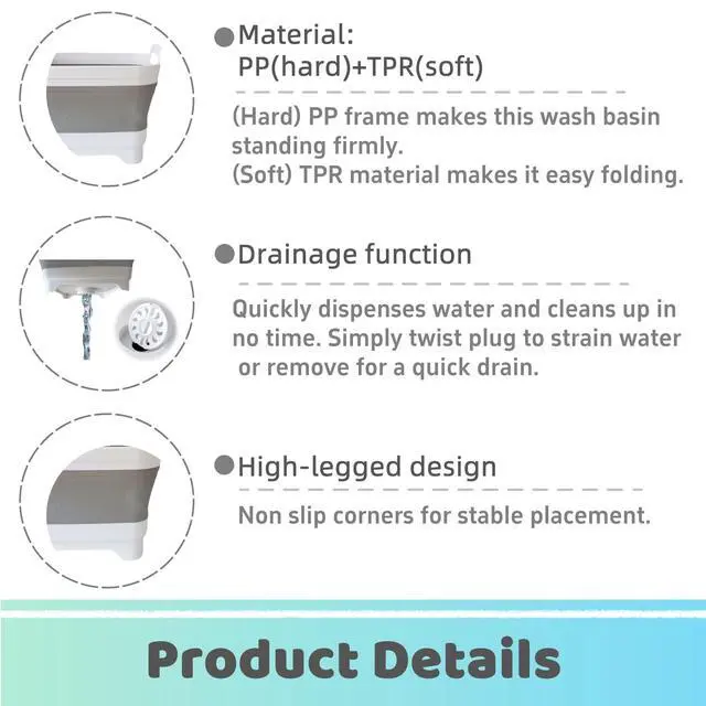 Alt view image 3 of 7 - Collapsible Wash Basin with Drain Plug - 2.4 Gallon Foldable Kitchen Sink for Baby Bottles, RV Camping, Space-Saving Dish Tub (Gray)