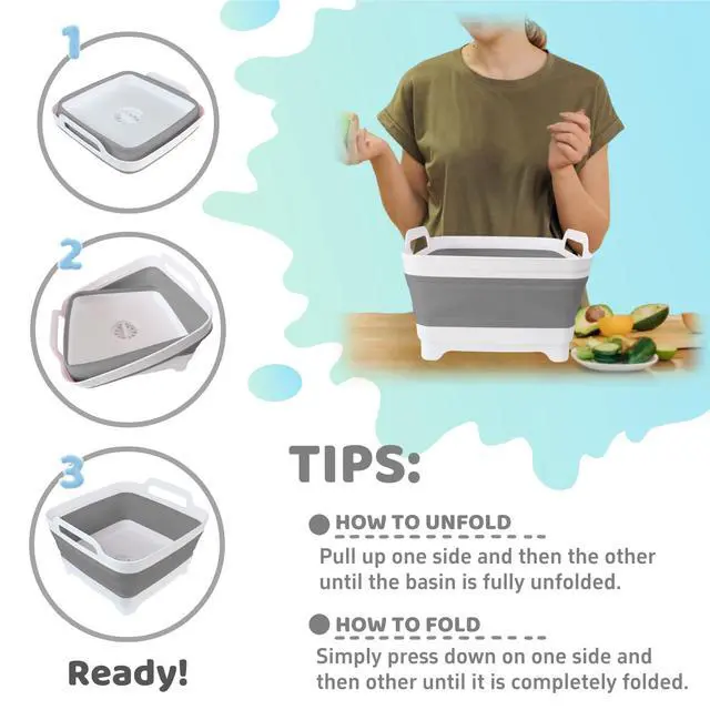 Alt view image 4 of 7 - Collapsible Wash Basin with Drain Plug - 2.4 Gallon Foldable Kitchen Sink for Baby Bottles, RV Camping, Space-Saving Dish Tub (Gray)