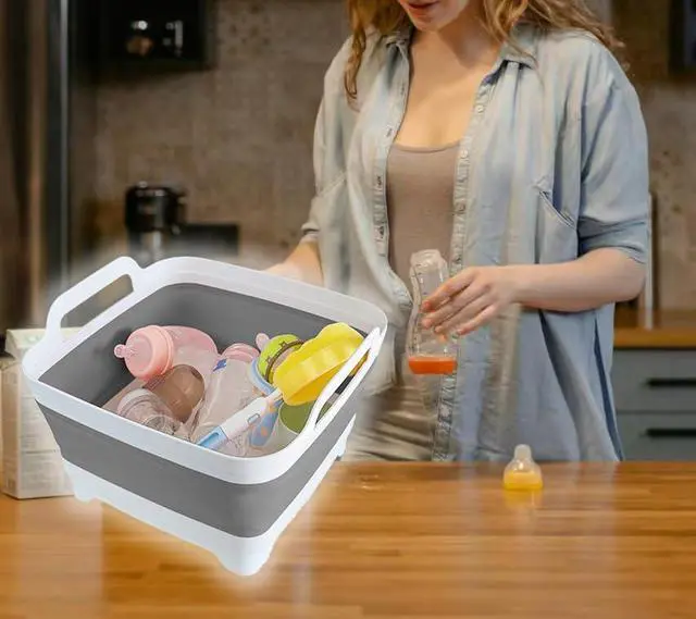 Alt view image 6 of 7 - Collapsible Wash Basin with Drain Plug - 2.4 Gallon Foldable Kitchen Sink for Baby Bottles, RV Camping, Space-Saving Dish Tub (Gray)