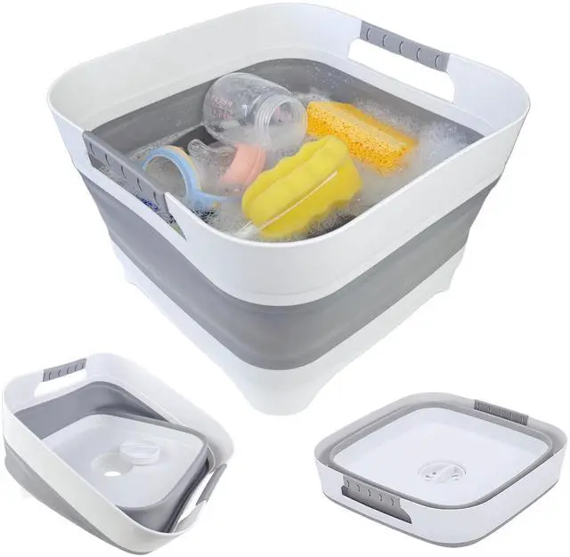 Main image of 2.6 Gallon Collapsible Wash Basin - Large Capacity Portable Dish Tub with Drain Plug for Baby Bottles, RV Camping Kitchen, Space-Saving Foldable Sink (Gray)