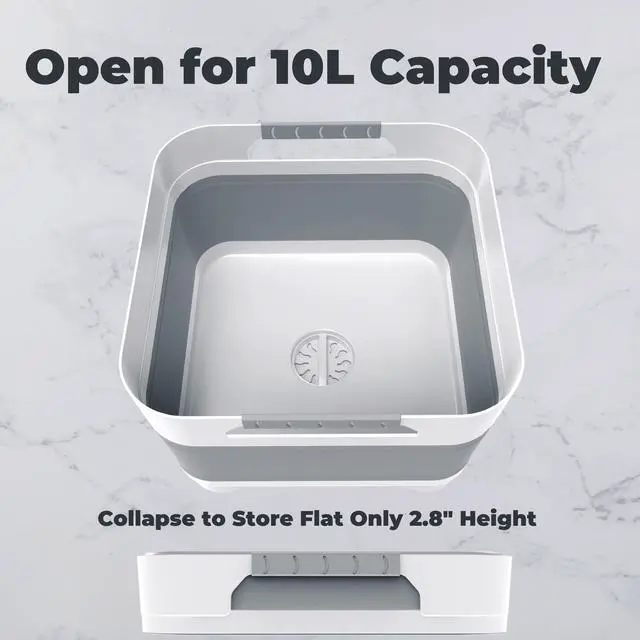 Alt view image 5 of 7 - 2.6 Gallon Collapsible Wash Basin - Large Capacity Portable Dish Tub with Drain Plug for Baby Bottles, RV Camping Kitchen, Space-Saving Foldable Sink (Gray)