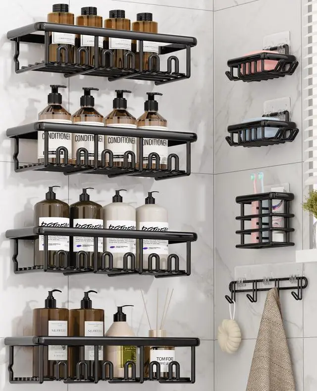 Main image of 8 Pack Adhesive Rustproof Shower Caddy with Soap Dishes, Toothbrush Holder & Hooks, Large Capacity No-Drilling Shower Shelves Rack for Bathroom Organizers and Storage Accessories, Black