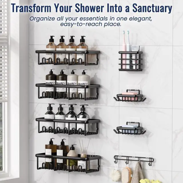 Alt view image 3 of 7 - 8 Pack Adhesive Rustproof Shower Caddy with Soap Dishes, Toothbrush Holder & Hooks, Large Capacity No-Drilling Shower Shelves Rack for Bathroom Organizers and Storage Accessories, Black
