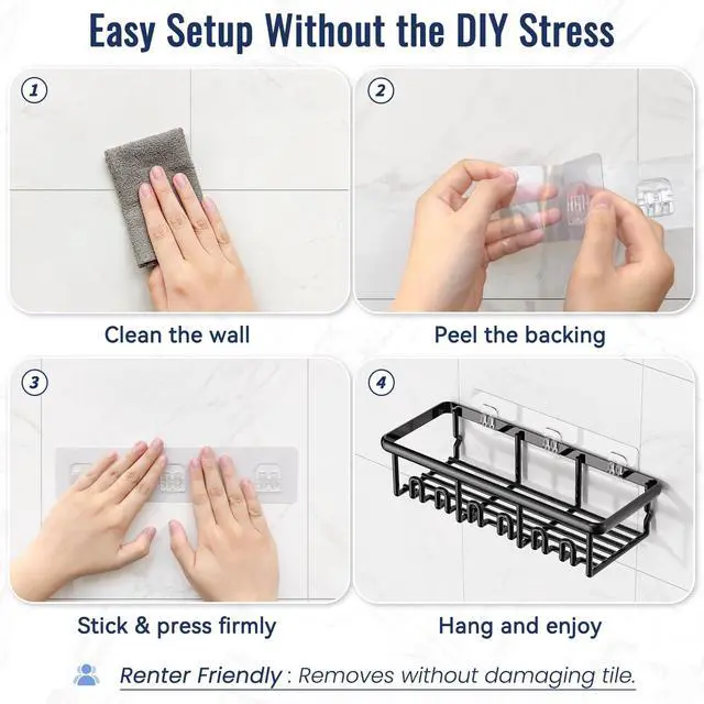 Alt view image 6 of 7 - 8 Pack Adhesive Rustproof Shower Caddy with Soap Dishes, Toothbrush Holder & Hooks, Large Capacity No-Drilling Shower Shelves Rack for Bathroom Organizers and Storage Accessories, Black