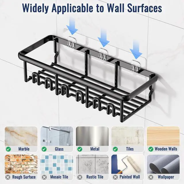 Alt view image 7 of 7 - 8 Pack Adhesive Rustproof Shower Caddy with Soap Dishes, Toothbrush Holder & Hooks, Large Capacity No-Drilling Shower Shelves Rack for Bathroom Organizers and Storage Accessories, Black