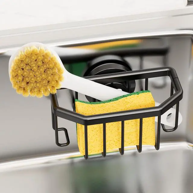 Main image of Sponge Holder with Strong Suction Cup, Dish Sponge Caddy Inside Sink Removable, Rustproof Aluminum for Sponges, Brushes, Stoppers and Scrapers - Black