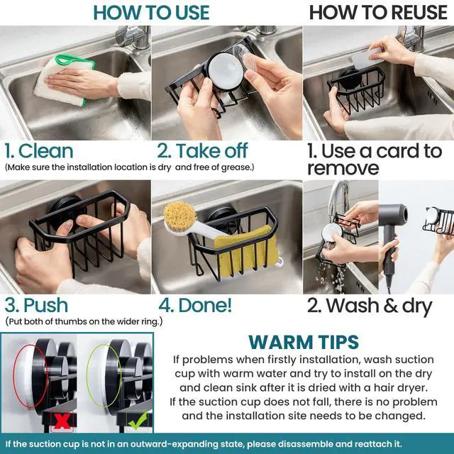 Alt view image 2 of 7 - Sponge Holder with Strong Suction Cup, Dish Sponge Caddy Inside Sink Removable, Rustproof Aluminum for Sponges, Brushes, Stoppers and Scrapers - Black