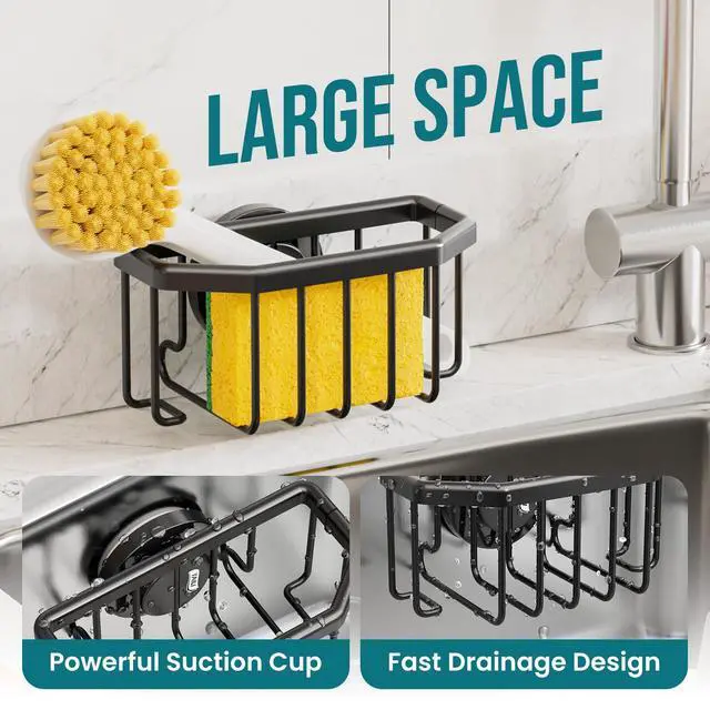 Alt view image 7 of 7 - Sponge Holder with Strong Suction Cup, Dish Sponge Caddy Inside Sink Removable, Rustproof Aluminum for Sponges, Brushes, Stoppers and Scrapers - Black