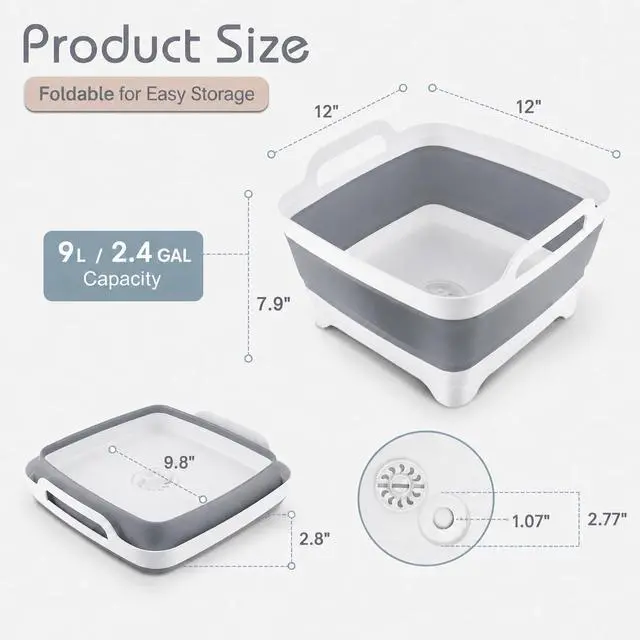Alt view image 2 of 7 - 2.4 Gal(9L) Collapsible Dish Basin with Drain Plug, Space Saving Outdoor Multiuse Foldable Sink Tub, Dishpan, Kitchen Storage Tray for Camping, Vegetable Washing, RV (Gray)