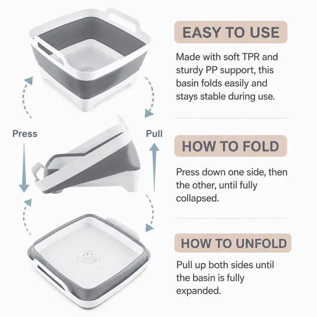 Alt view image 5 of 7 - 2.4 Gal(9L) Collapsible Dish Basin with Drain Plug, Space Saving Outdoor Multiuse Foldable Sink Tub, Dishpan, Kitchen Storage Tray for Camping, Vegetable Washing, RV (Gray)