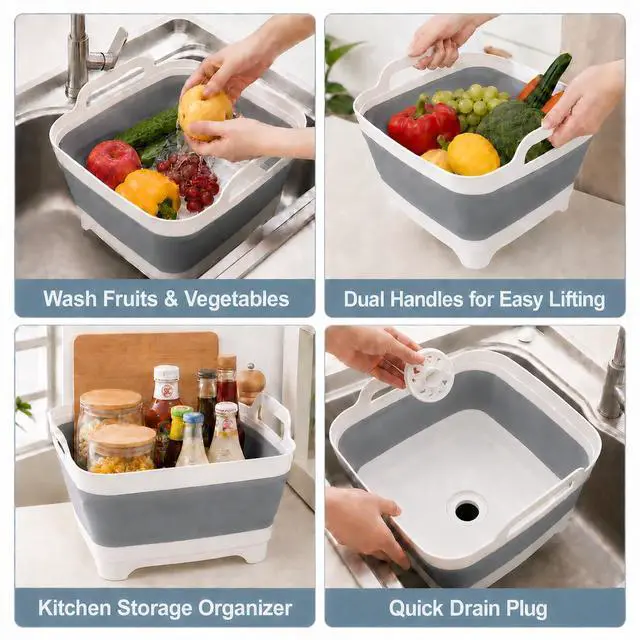 Alt view image 7 of 7 - 2.4 Gal(9L) Collapsible Dish Basin with Drain Plug, Space Saving Outdoor Multiuse Foldable Sink Tub, Dishpan, Kitchen Storage Tray for Camping, Vegetable Washing, RV (Gray)