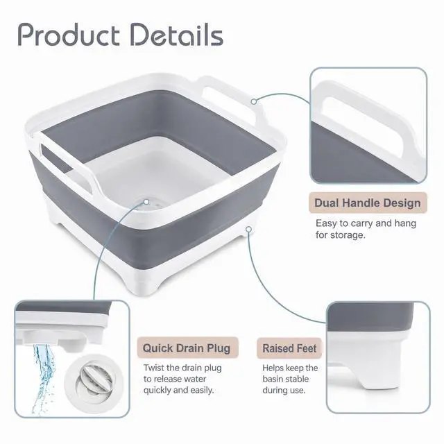 Alt view image 3 of 7 - 2.4 Gal(9L) Collapsible Dish Basin with Drain Plug, Space Saving Outdoor Multiuse Foldable Sink Tub, Dishpan, Kitchen Storage Tray for Camping, Vegetable Washing, RV (Gray)