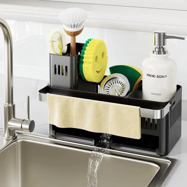 Main image of Sponge Holder for Kitchen Sink, Sink Caddy with High Brush Holder and Towel Rack, Kitchen Countertop Organizer and Storage Essential (Black with Smiley Face, 10.12)