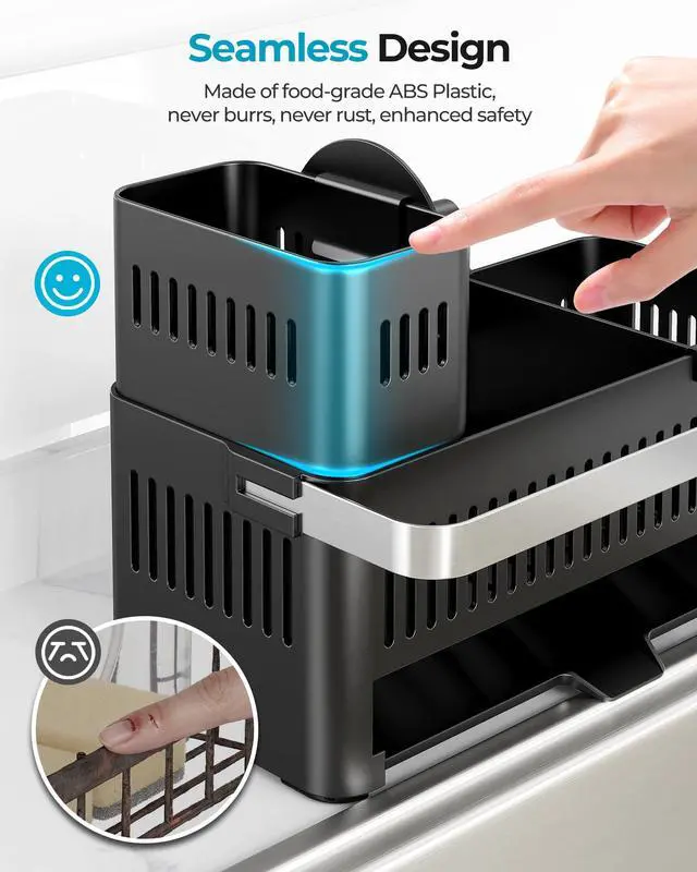 Alt view image 2 of 7 - Sponge Holder for Kitchen Sink, Sink Caddy with High Brush Holder and Towel Rack, Kitchen Countertop Organizer and Storage Essential (Black with Smiley Face, 10.12)