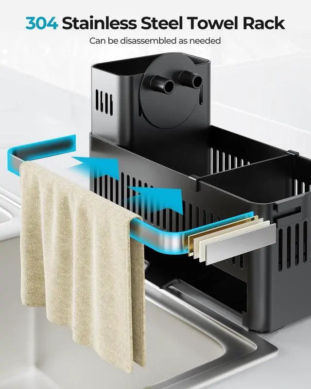 Alt view image 4 of 7 - Sponge Holder for Kitchen Sink, Sink Caddy with High Brush Holder and Towel Rack, Kitchen Countertop Organizer and Storage Essential (Black with Smiley Face, 10.12)