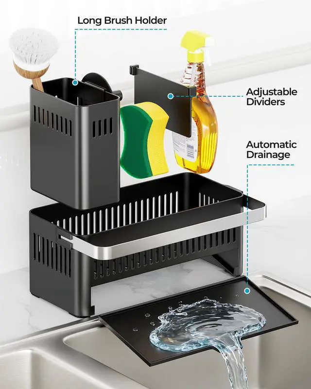 Alt view image 5 of 7 - Sponge Holder for Kitchen Sink, Sink Caddy with High Brush Holder and Towel Rack, Kitchen Countertop Organizer and Storage Essential (Black with Smiley Face, 10.12)