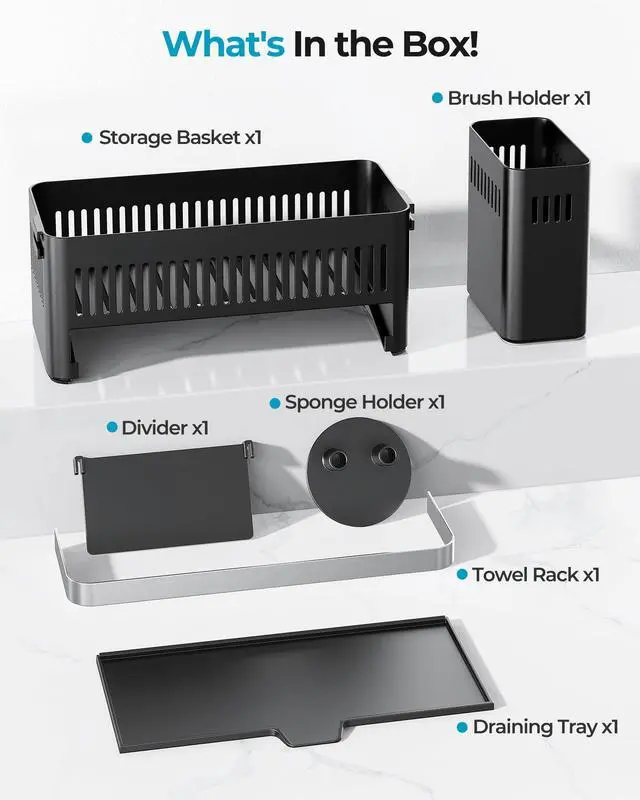 Alt view image 7 of 7 - Sponge Holder for Kitchen Sink, Sink Caddy with High Brush Holder and Towel Rack, Kitchen Countertop Organizer and Storage Essential (Black with Smiley Face, 10.12)